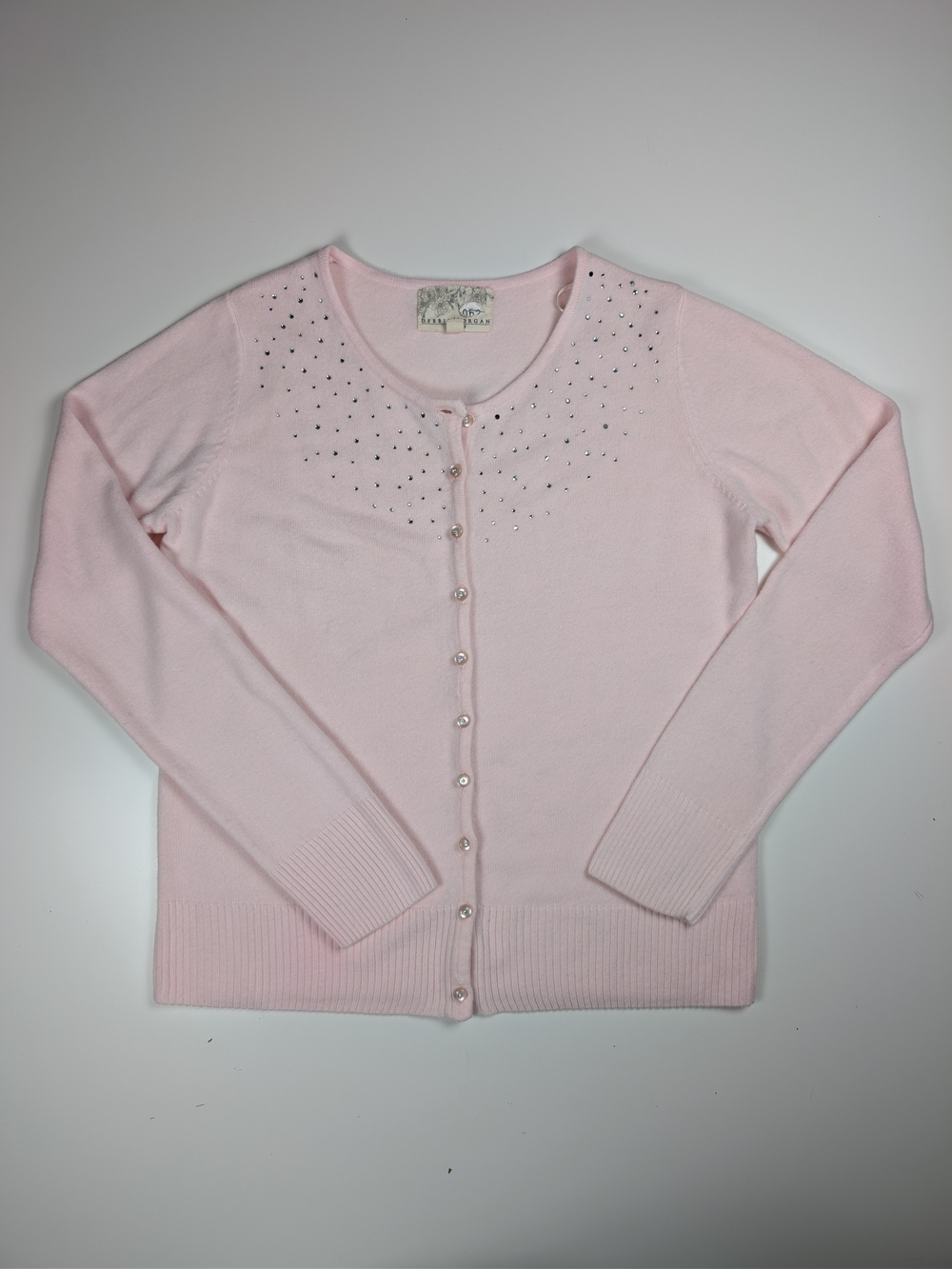 Debbie Morgan Pink Rhinestone Cardigan Sweater Womens PM Petite Coquette